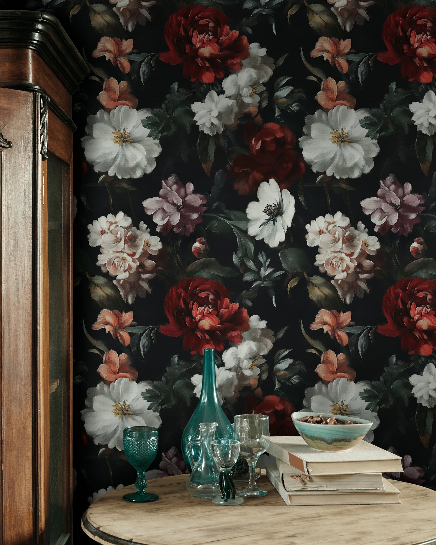 Dark Floral Wallpaper Red and White Blooms Mural