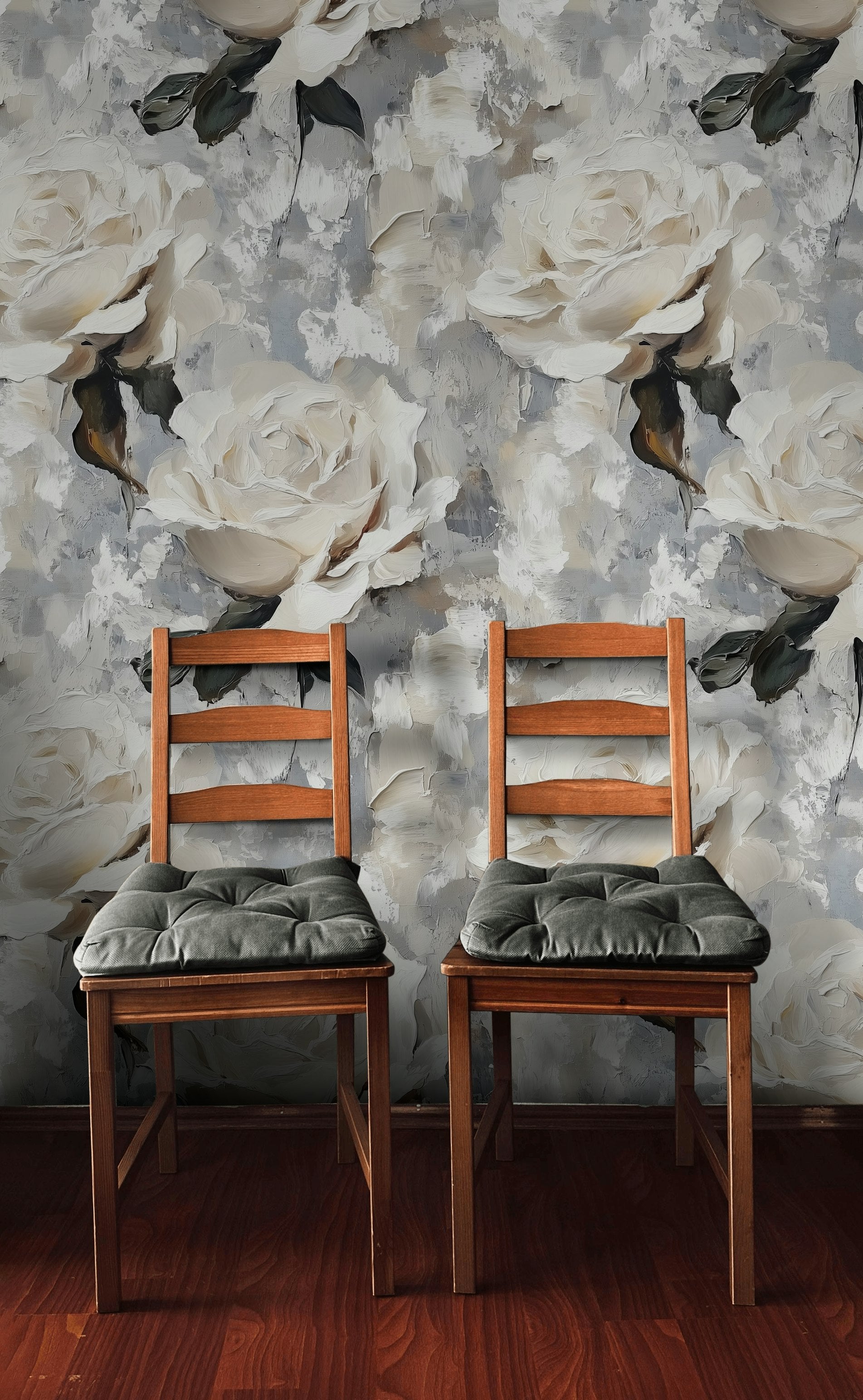Gray and Cream Textured Rose Floral Wallpaper