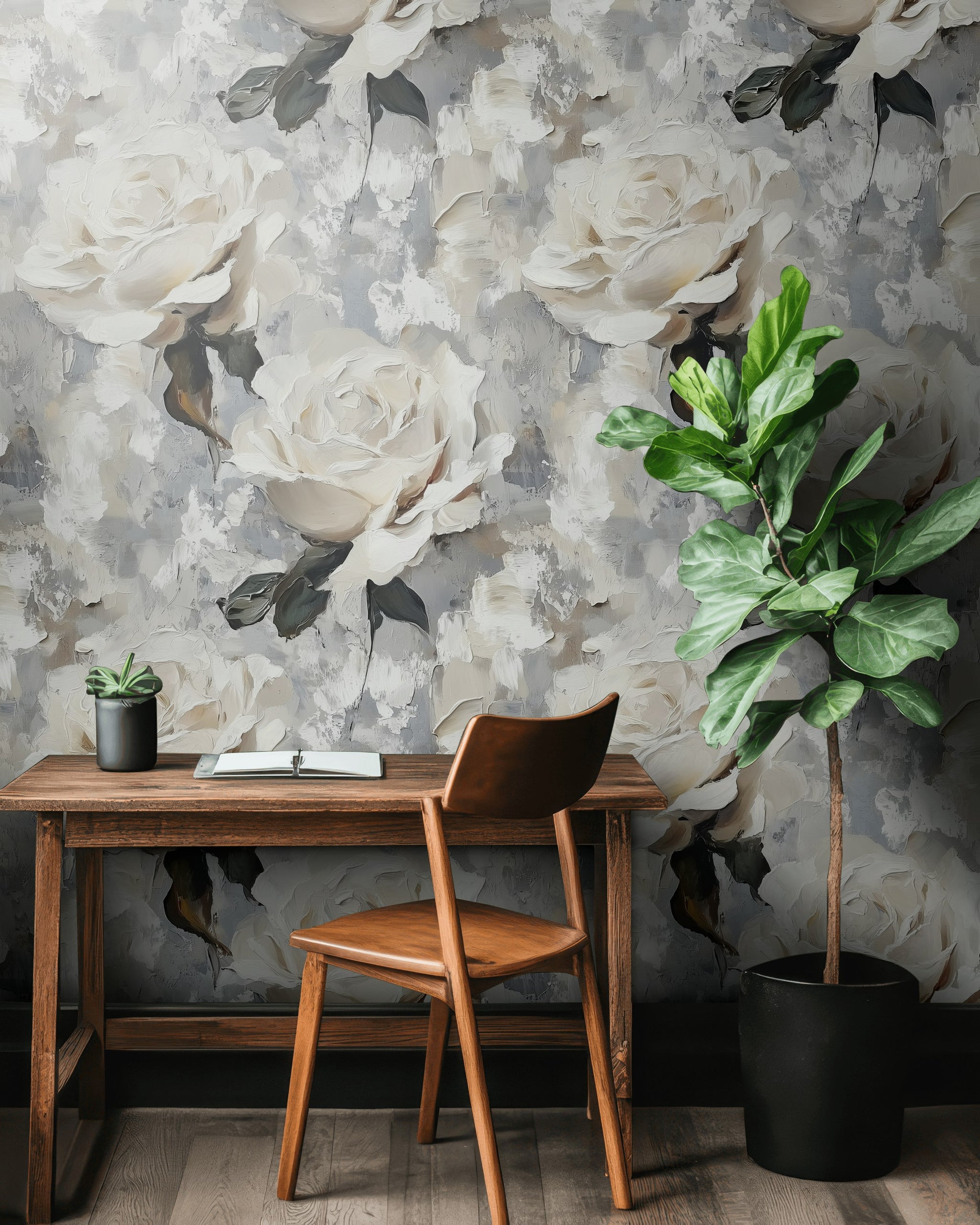 Gray and Cream Textured Rose Floral Wallpaper