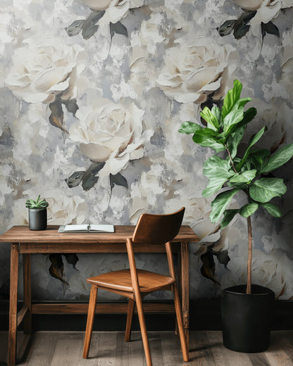 Gray and Cream Textured Rose Floral Wallpaper