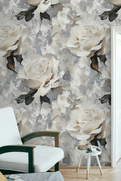 Gray and Cream Textured Rose Floral Wallpaper