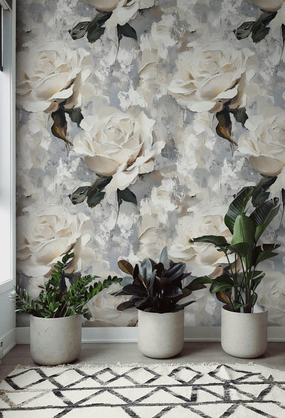 Gray and Cream Textured Rose Floral Wallpaper