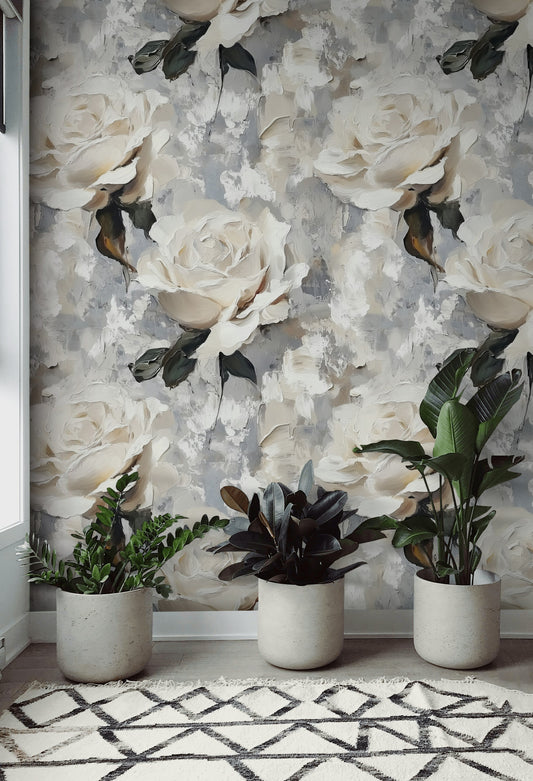 Abstract White Rose Wallpaper Textured Floral Wall Mural