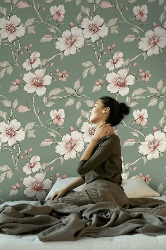 Sage Green Floral Wallpaper Vintage-Inspired Removable Mural