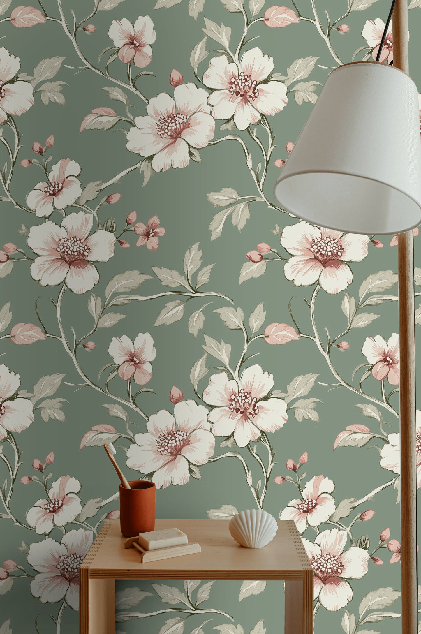 Sage Green Floral Wallpaper Vintage-Inspired Removable Mural