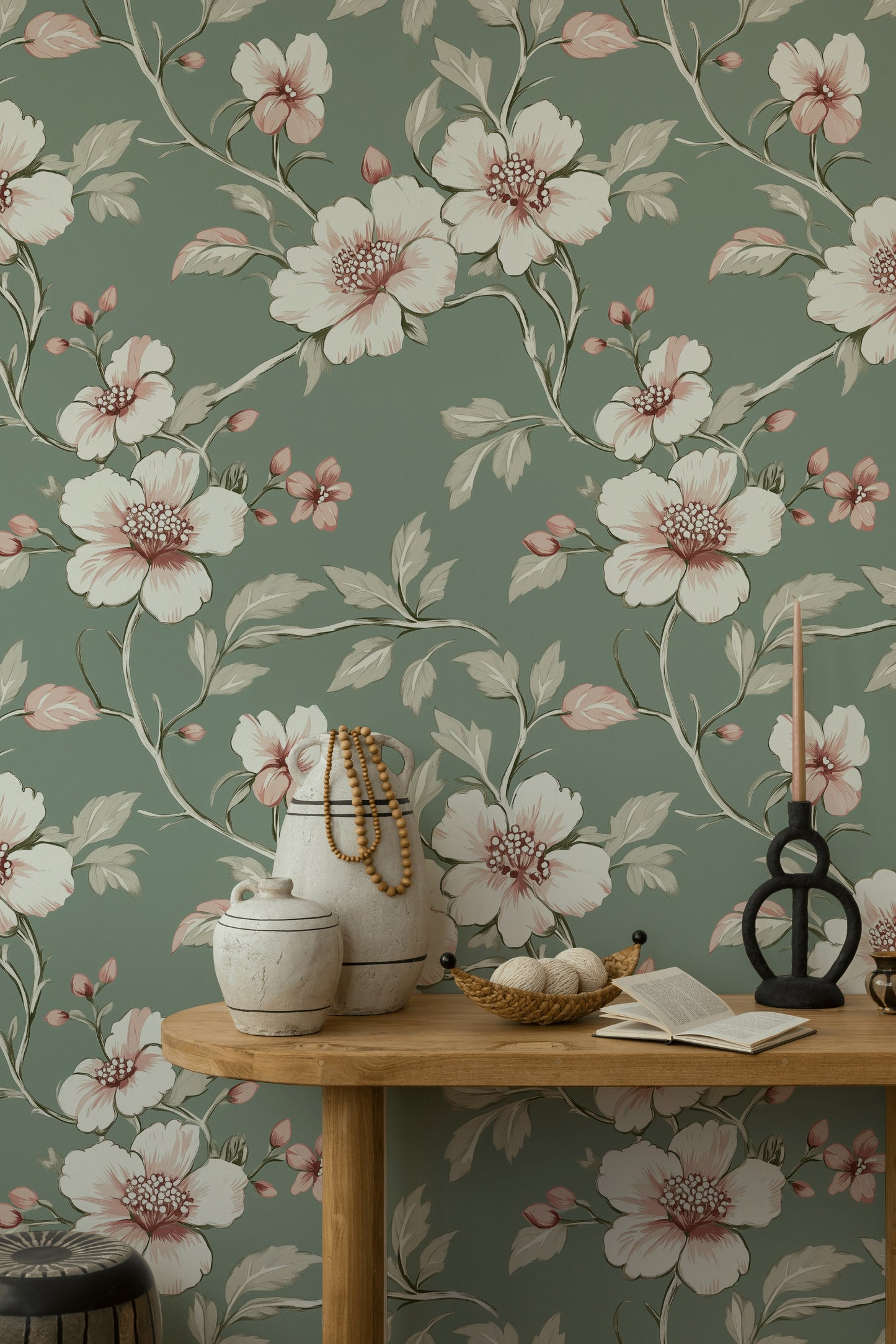 Sage Green Floral Wallpaper Vintage-Inspired Removable Mural