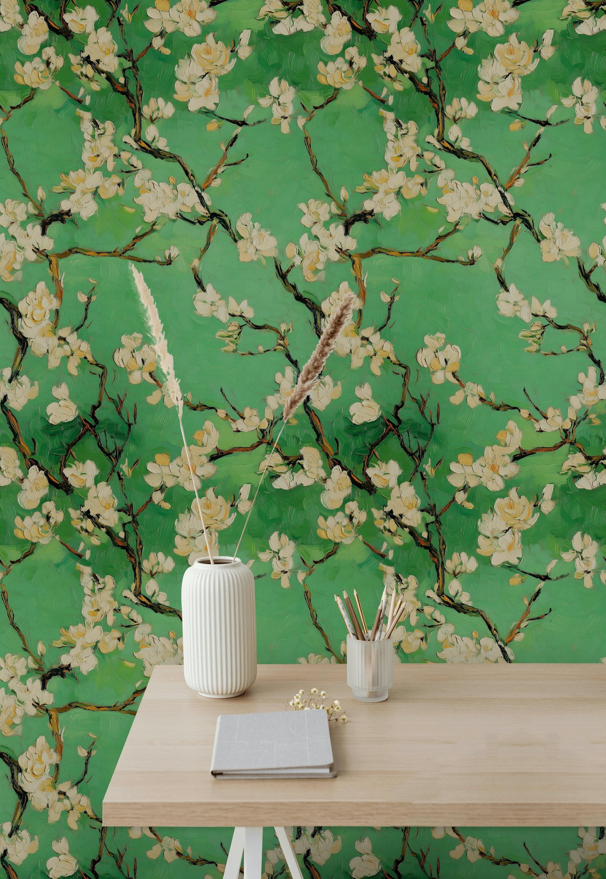 Green Cherry Blossom Floral Wallpaper