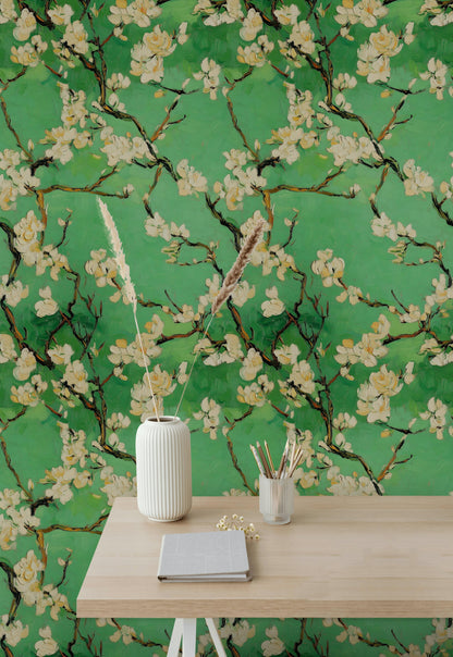 Green Cherry Blossom Floral Wallpaper