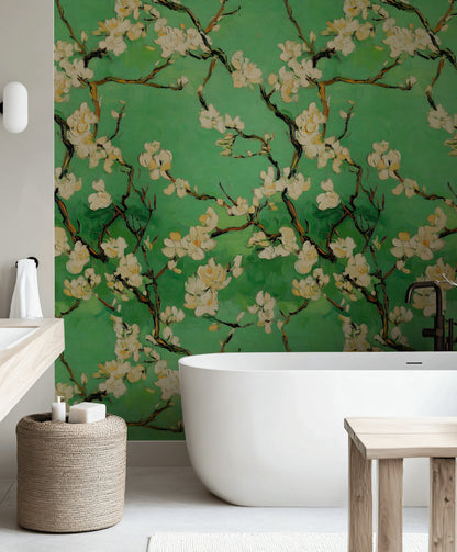 Green Cherry Blossom Floral Wallpaper