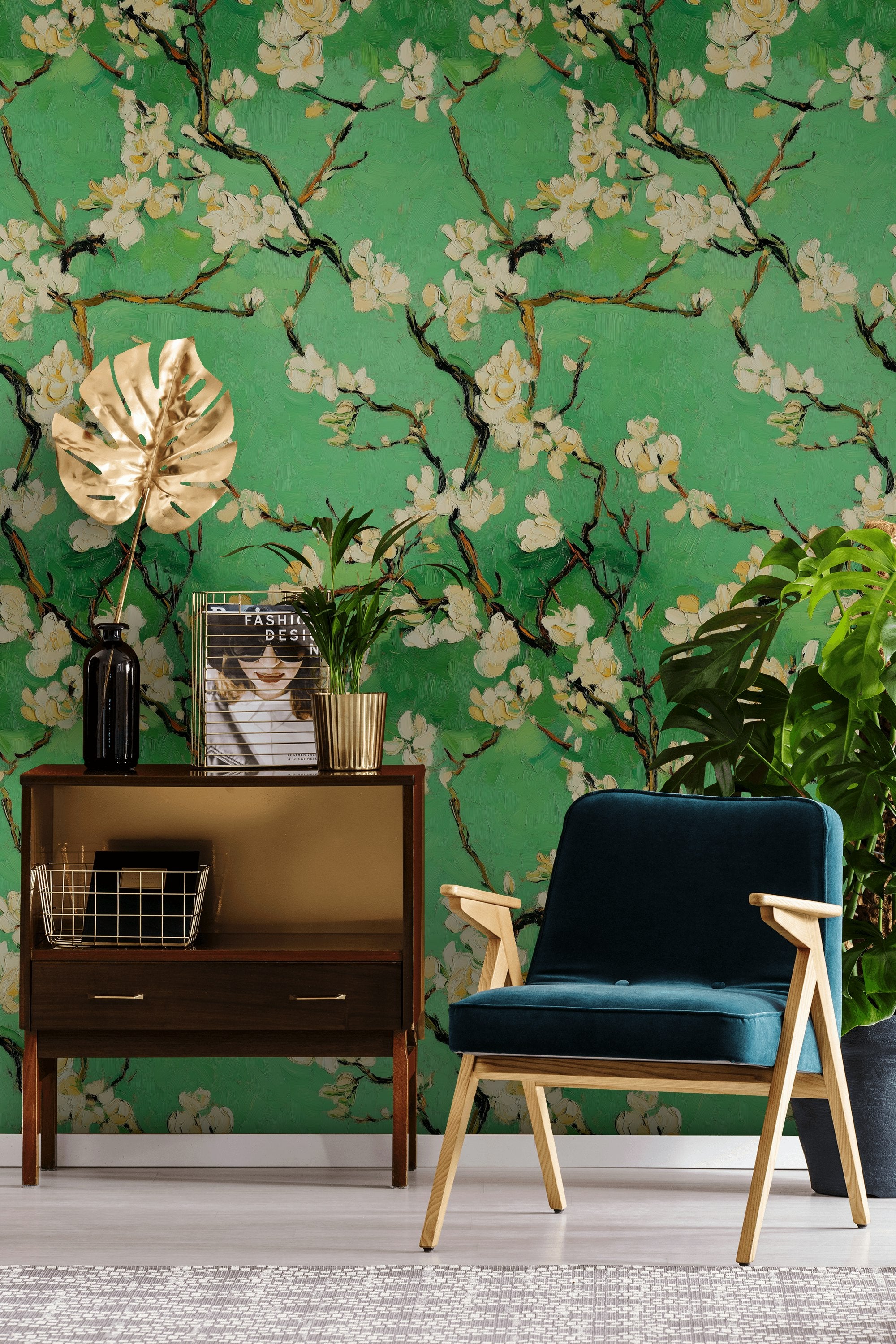 Green Cherry Blossom Floral Wallpaper