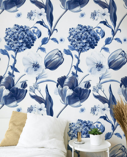 Crisp White and Blue Tulip Floral Wallpaper