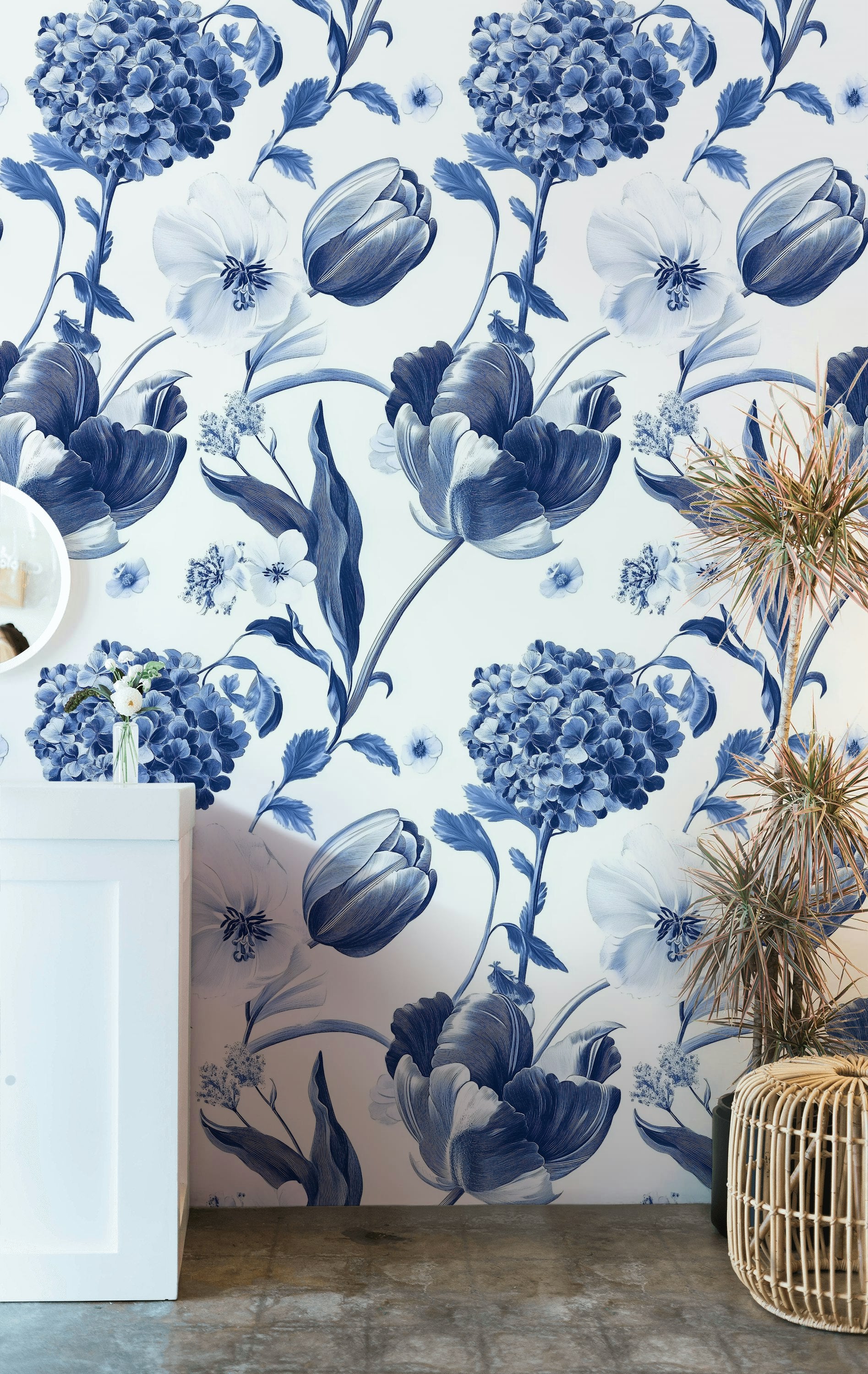Crisp White and Blue Tulip Floral Wallpaper