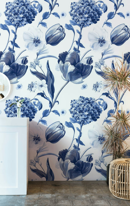 Crisp White and Blue Tulip Floral Wallpaper