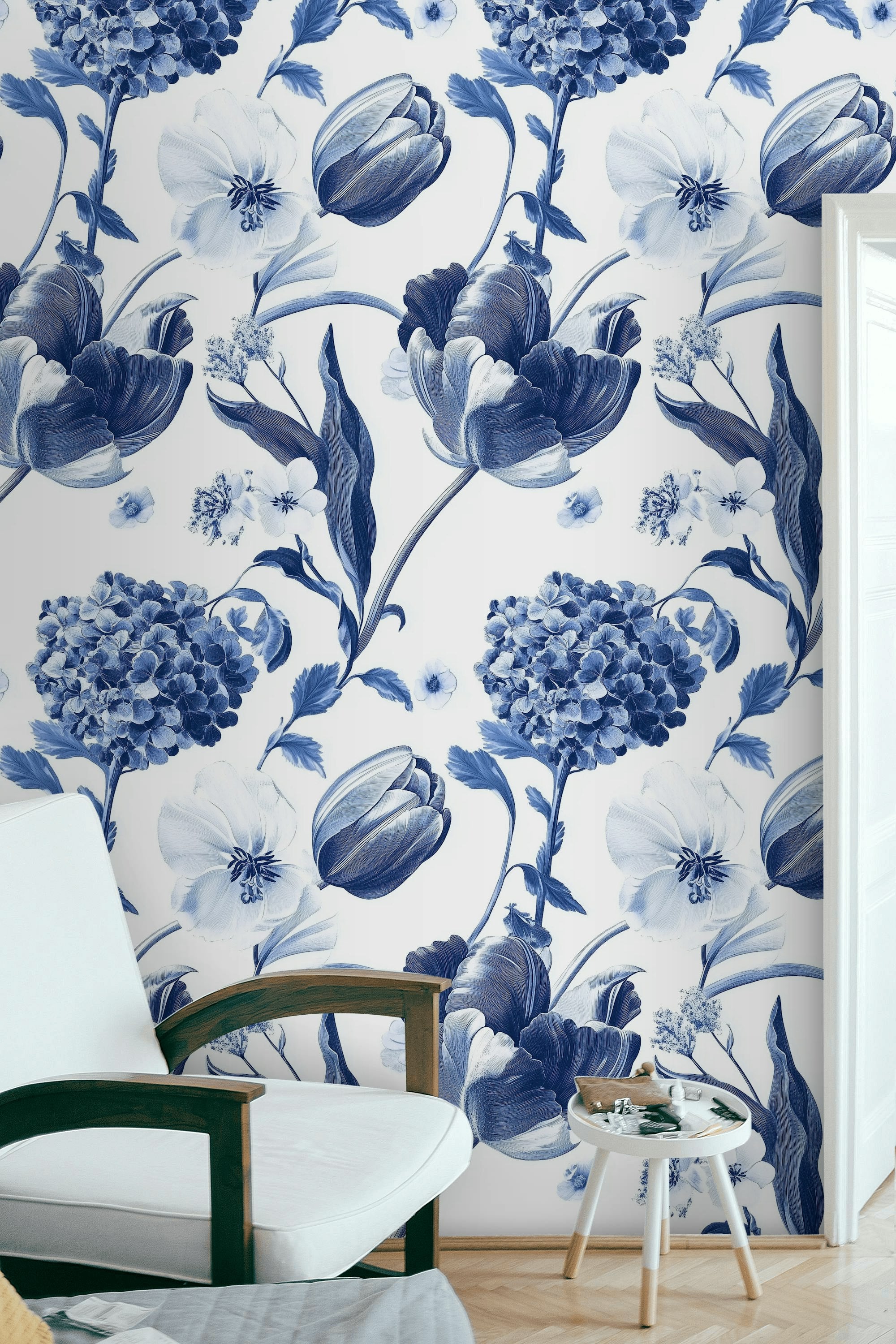 Crisp White and Blue Tulip Floral Wallpaper