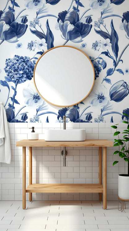 Crisp White and Blue Tulip Floral Wallpaper