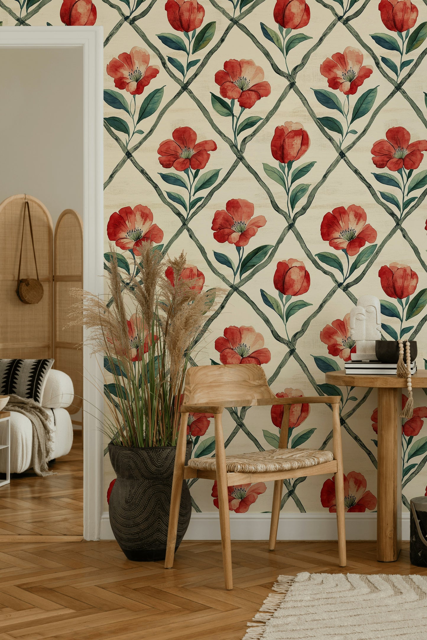 Red Trellis Floral Wallpaper Vibrant Blooms Beige Wall Mural