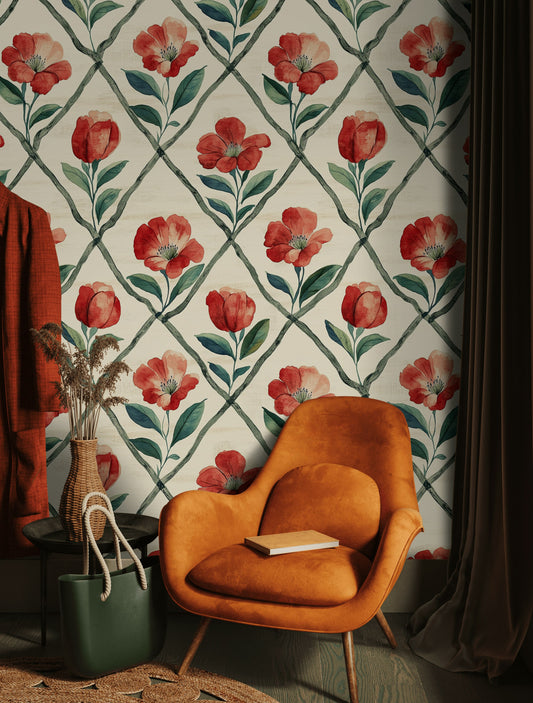 Red Trellis Floral Wallpaper Vibrant Blooms Beige Wall Mural