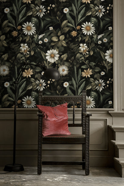 Elegant Dark Floral Daisies Wallpaper