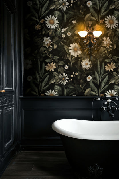 Elegant Dark Floral Daisies Wallpaper
