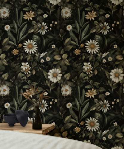 Elegant Dark Floral Daisies Wallpaper