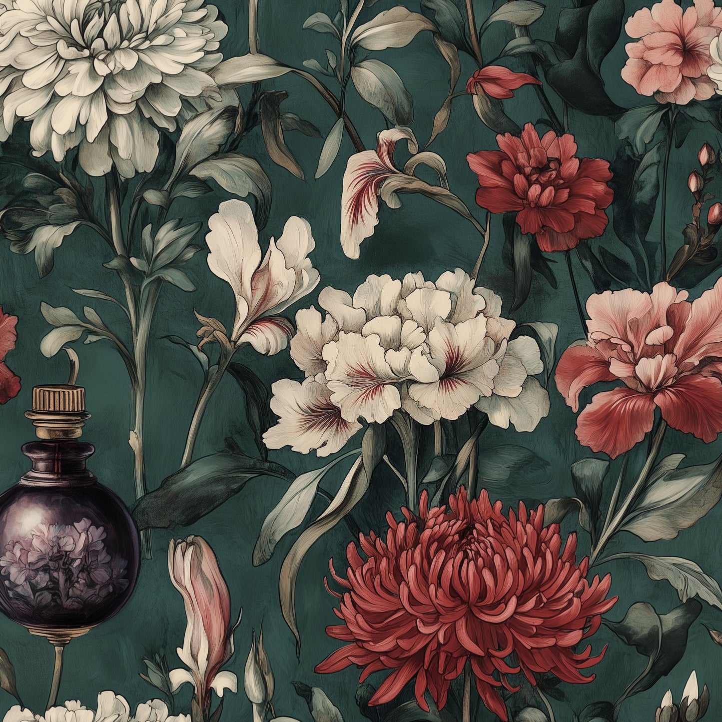 Elegant Vintage Floral Wallpaper with Dark Green Mural