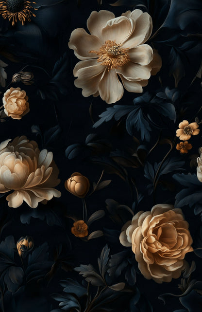 Dark Charcoal and Cream Large Floral Wallpaper