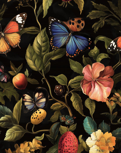 Vintage Multicolor Floral and Butterfly Wallpaper