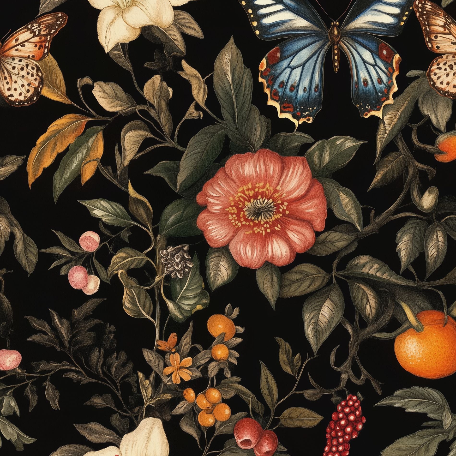 Elegant Black Floral and Butterfly Wallpaper