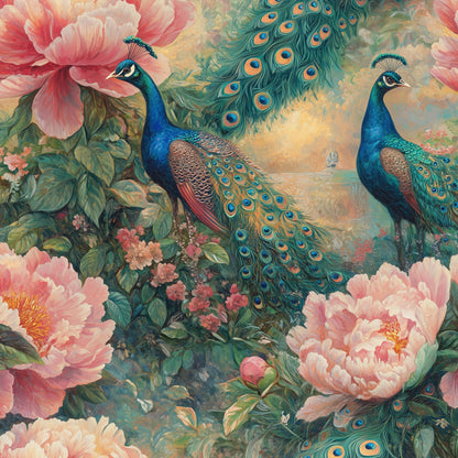 Peach Pink Peony and Peacock Floral Wallpaper