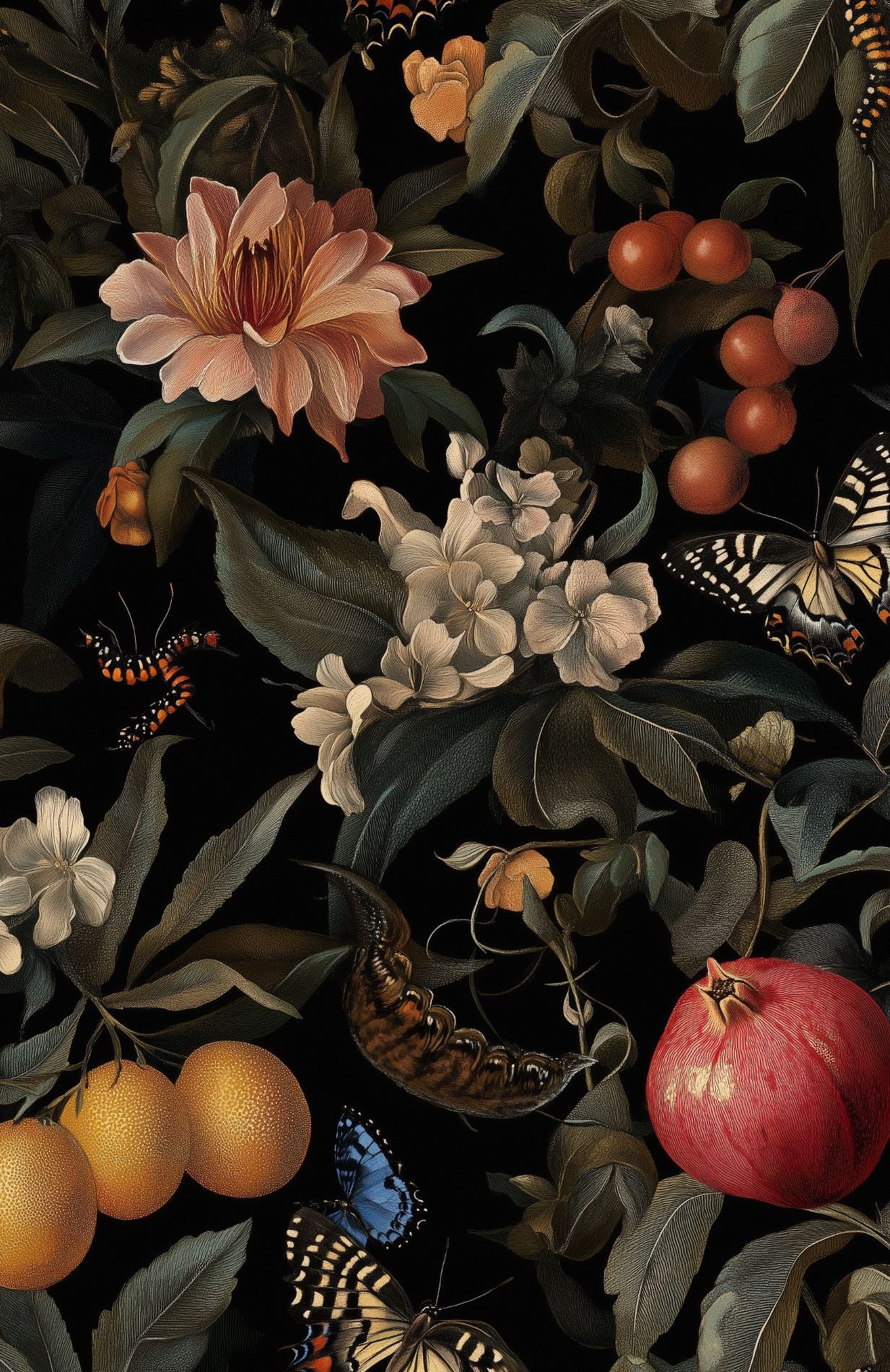 Dark Botanical and Butterfly Fantasy Wallpaper