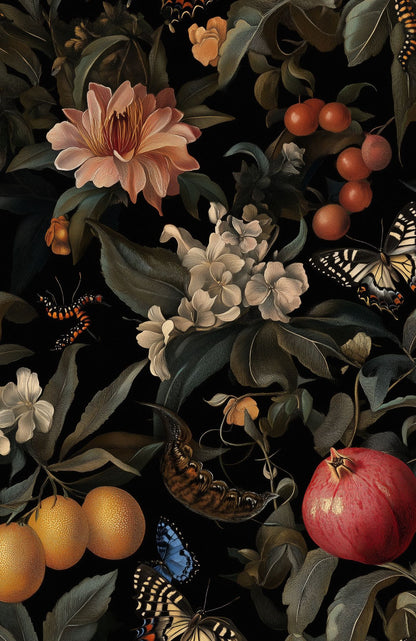 Dark Botanical and Butterfly Fantasy Wallpaper