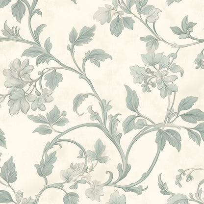 Cream and Sage Green Vintage Floral Wallpaper