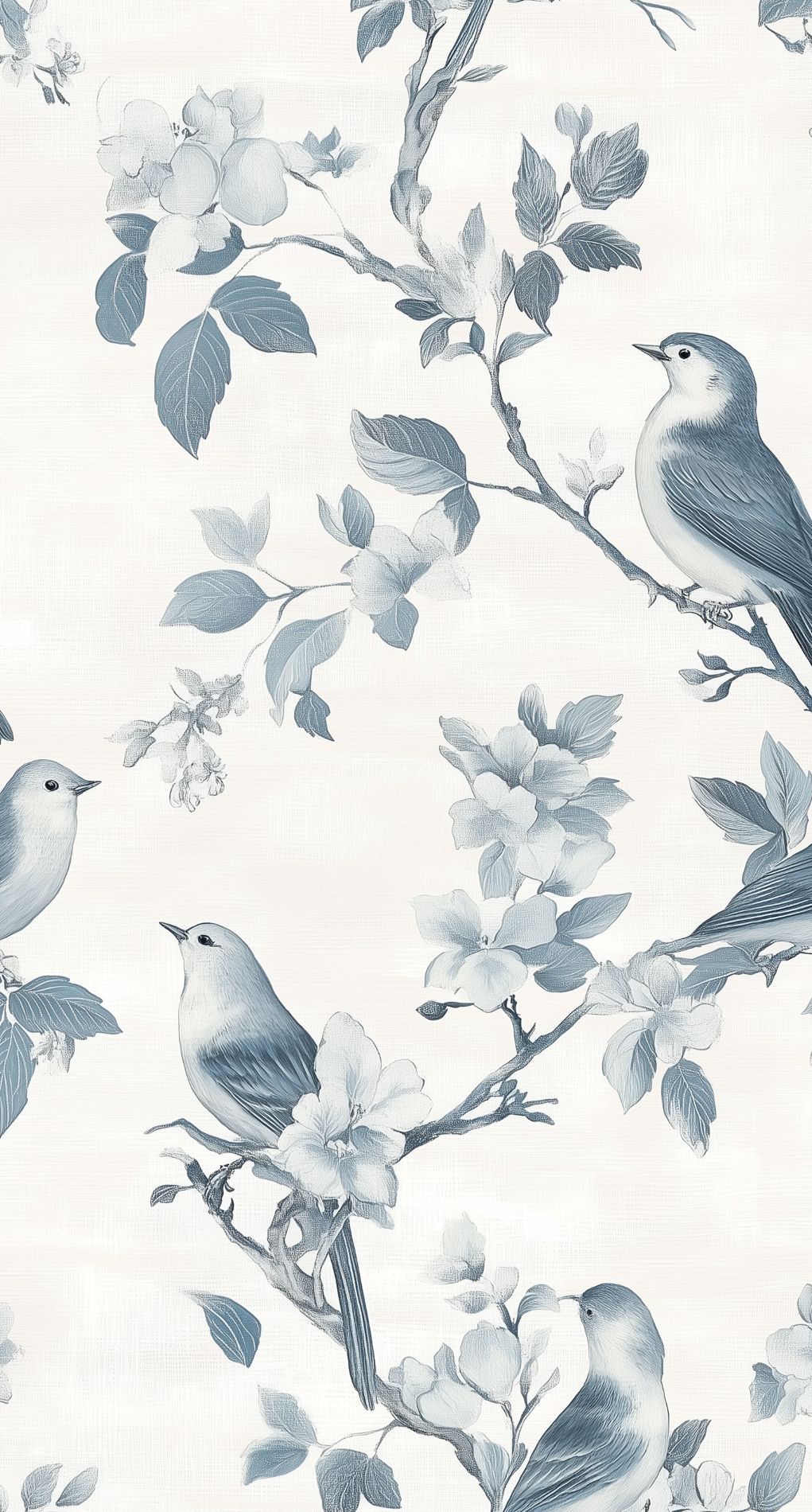 Cream and Blue Bird Floral Pattern Wallpaper