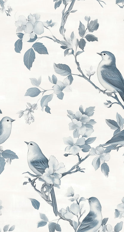 Cream and Blue Bird Floral Pattern Wallpaper