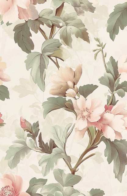 Cream Peony and Foliage Floral Wallpaper