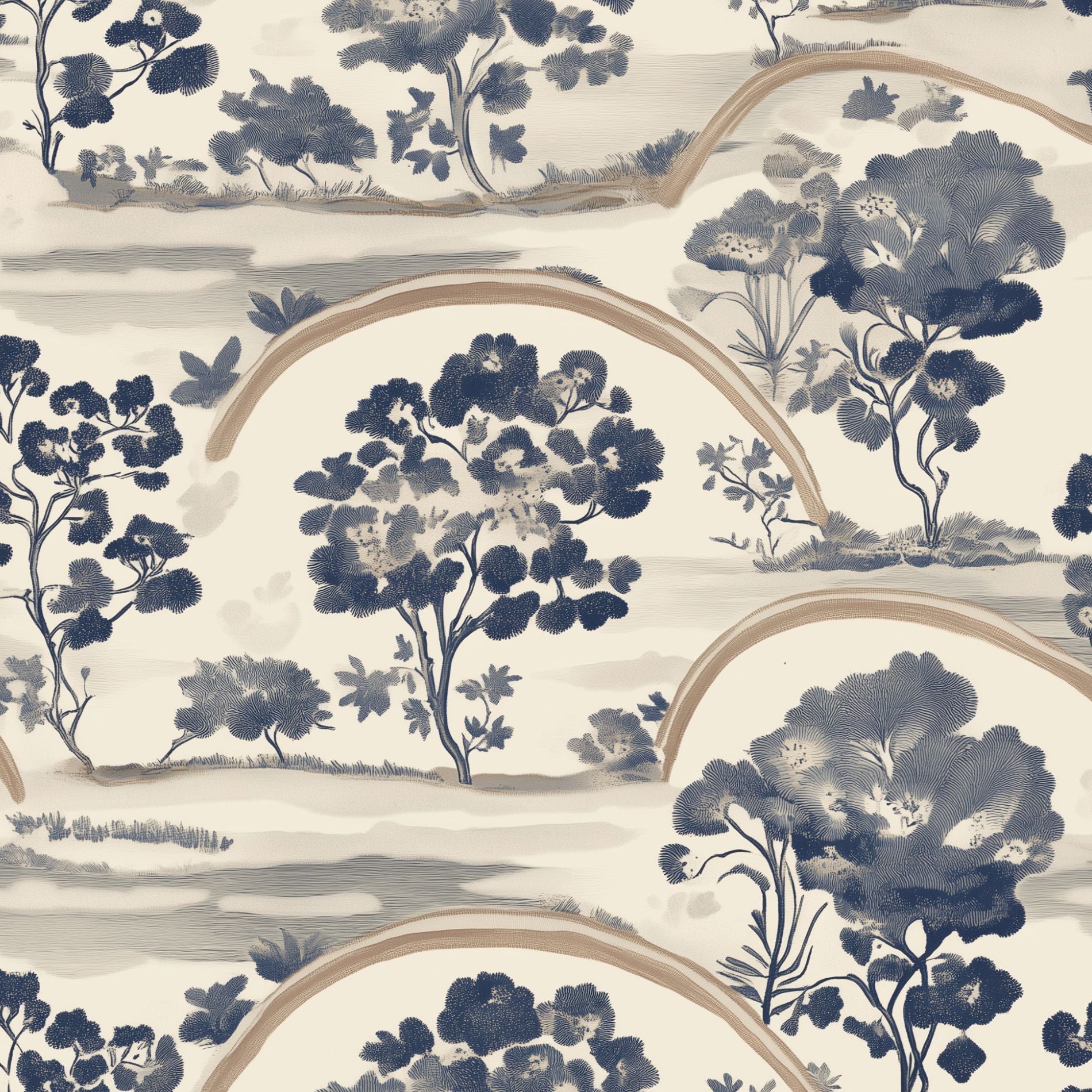 Cream and Navy Chinoiserie Landscape Wallpaper