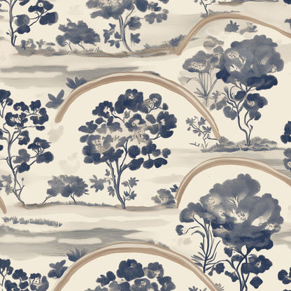Cream and Navy Chinoiserie Landscape Wallpaper