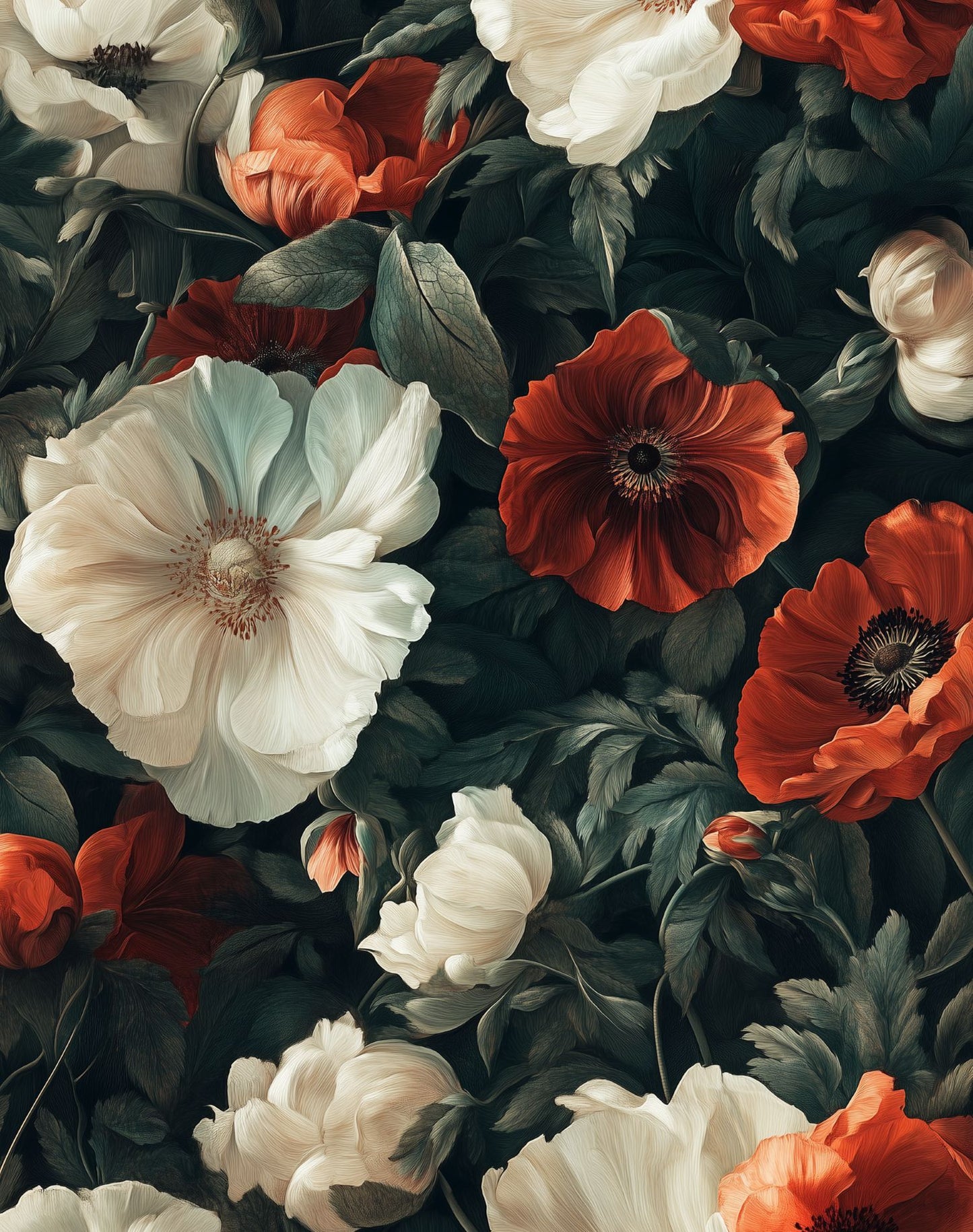 Dark Floral Wallpaper with Red and White Poppies