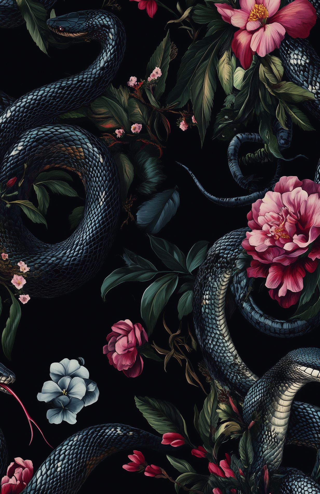 Black Snake and Pink Floral Wallpaper Dramatic Removable Art