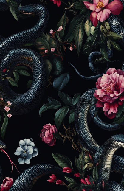 Dark Floral and Snake Motif Wallpaper
