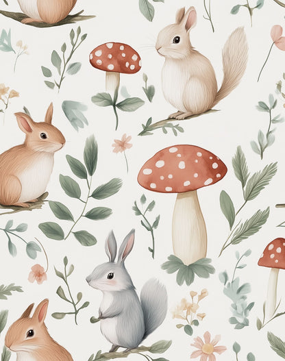 Cream Woodland Animal and Mushroom Kids Wallpaper