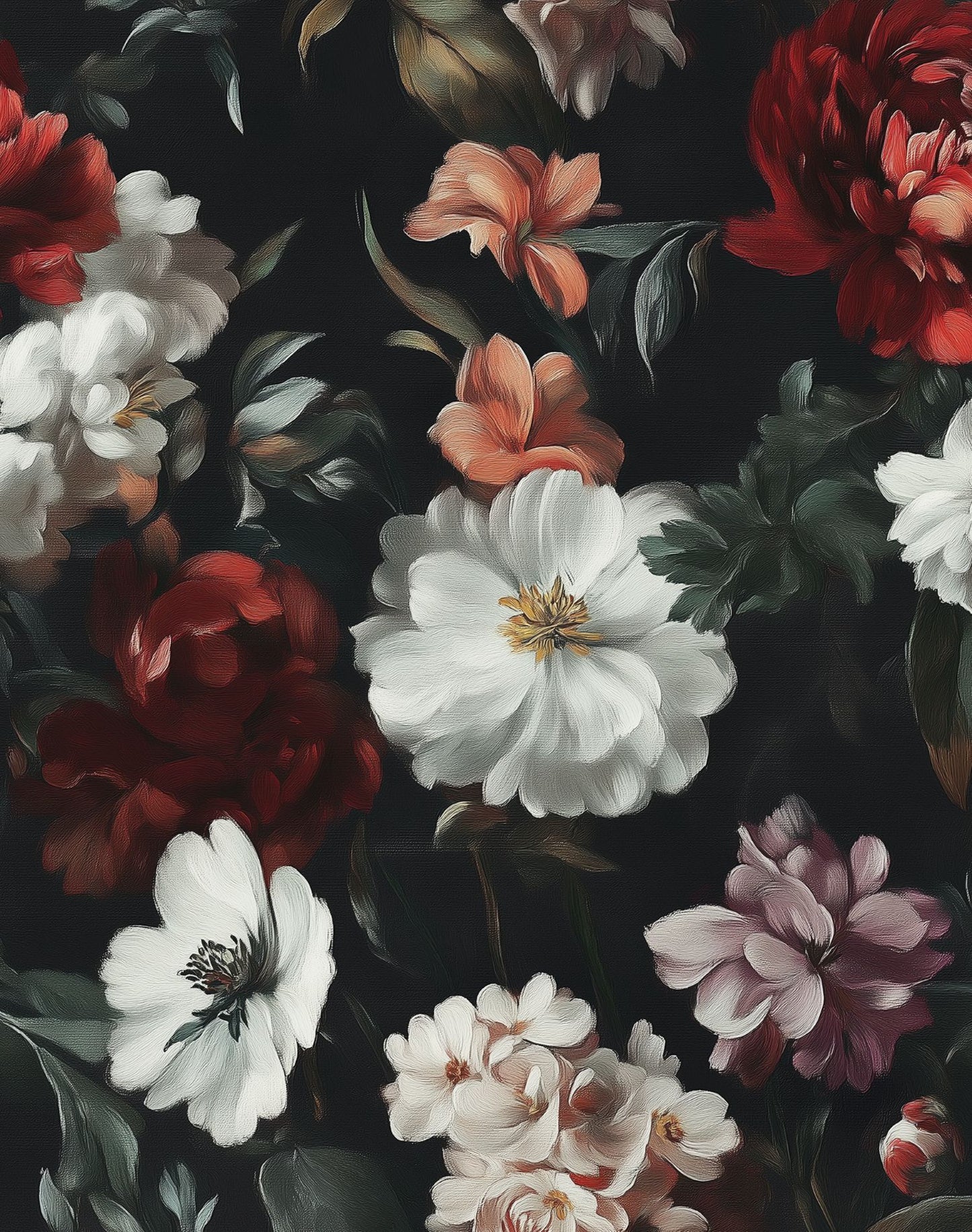 Dark Floral Wallpaper Red and White Blooms Mural
