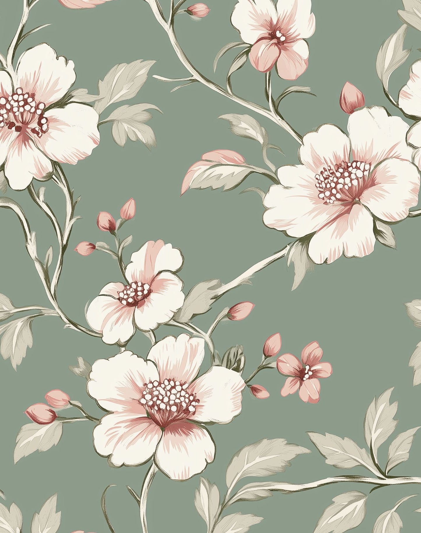 Sage Green Floral Wallpaper Vintage-Inspired Removable Mural