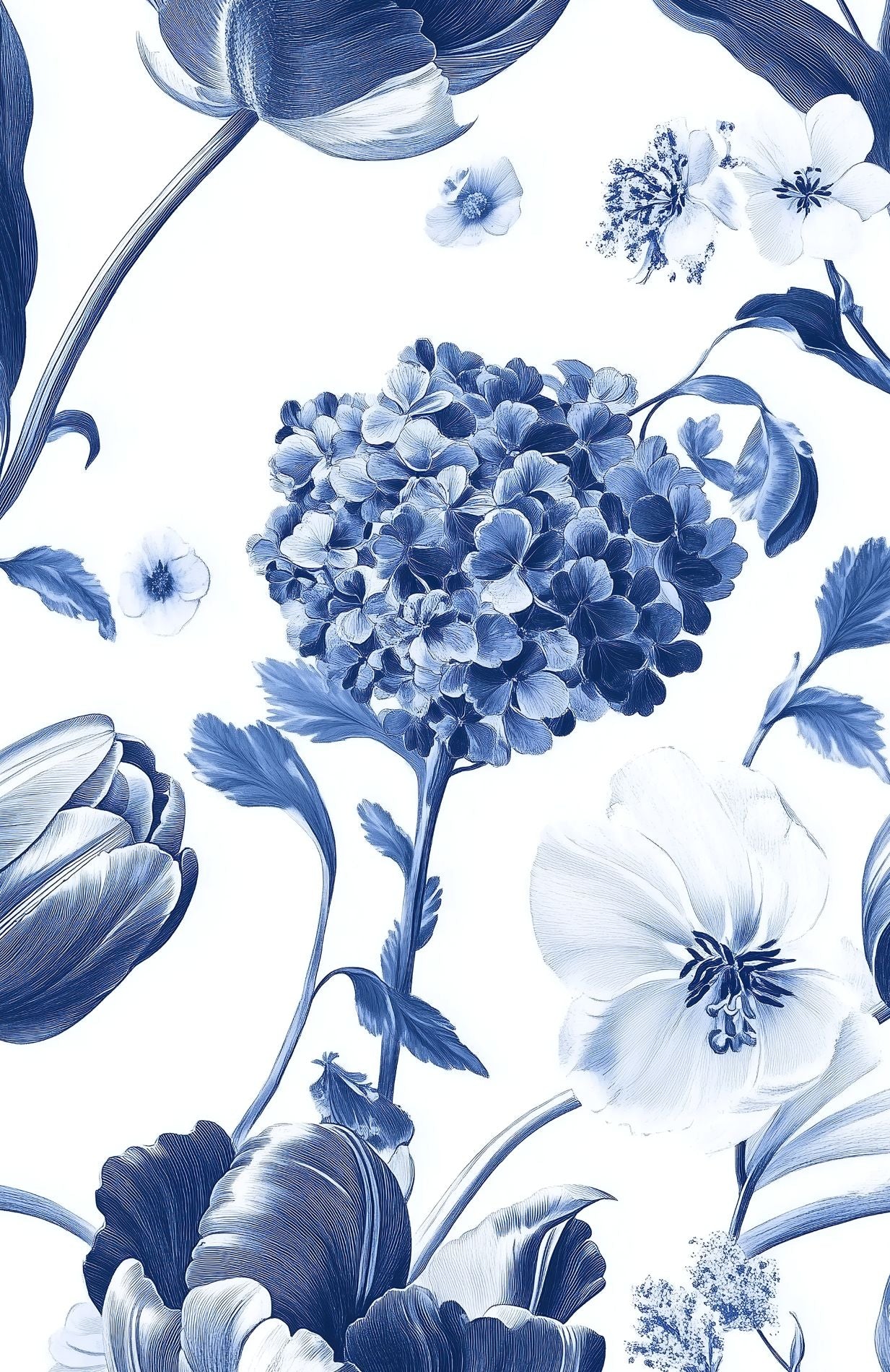 Crisp White and Blue Tulip Floral Wallpaper