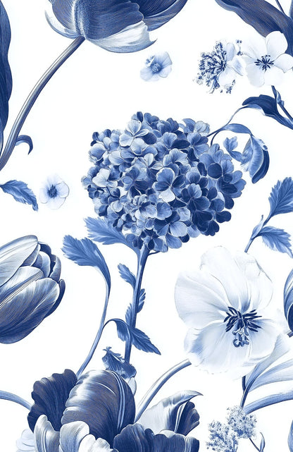 Crisp White and Blue Tulip Floral Wallpaper