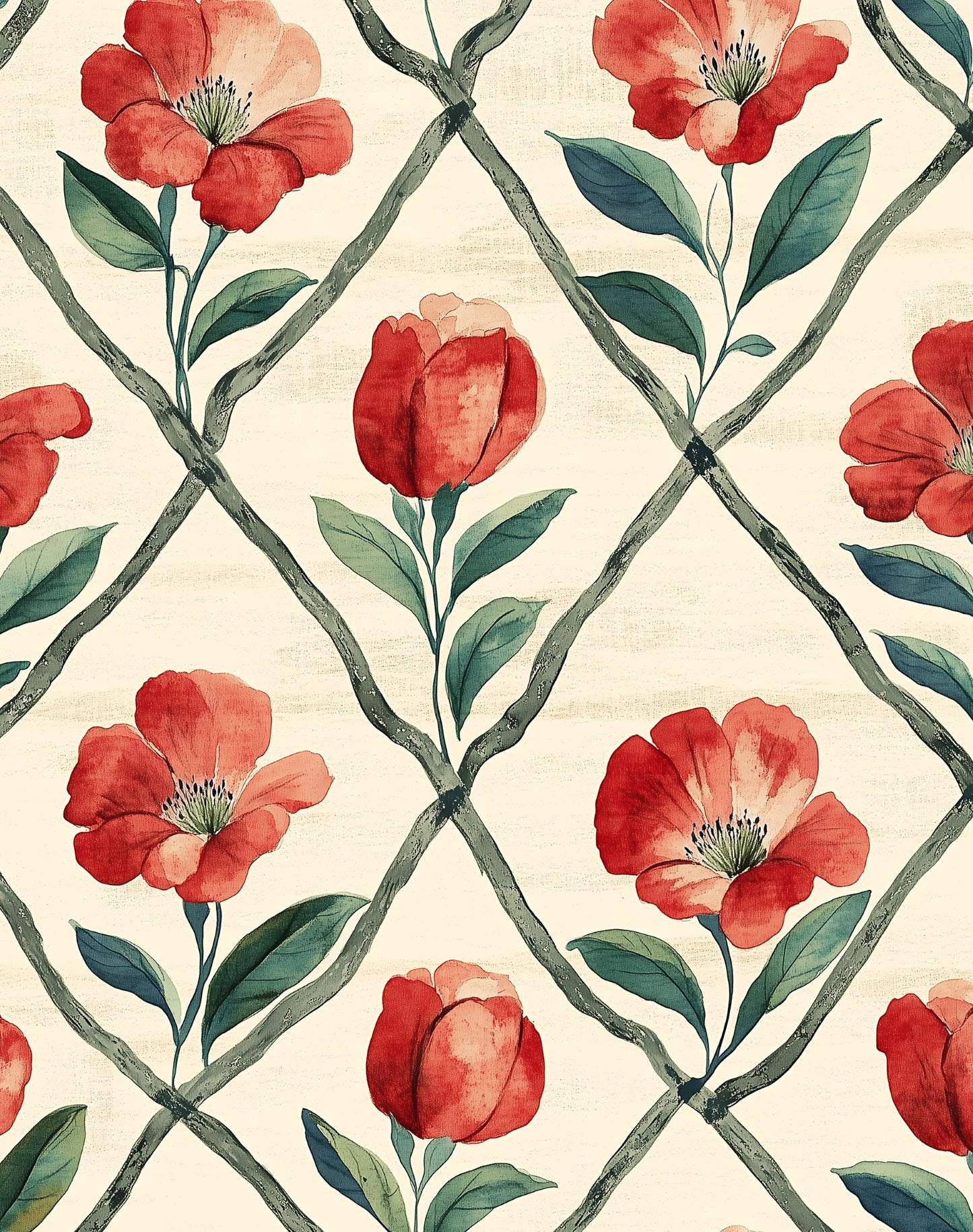 Red Trellis Floral Wallpaper Vibrant Blooms Beige Wall Mural