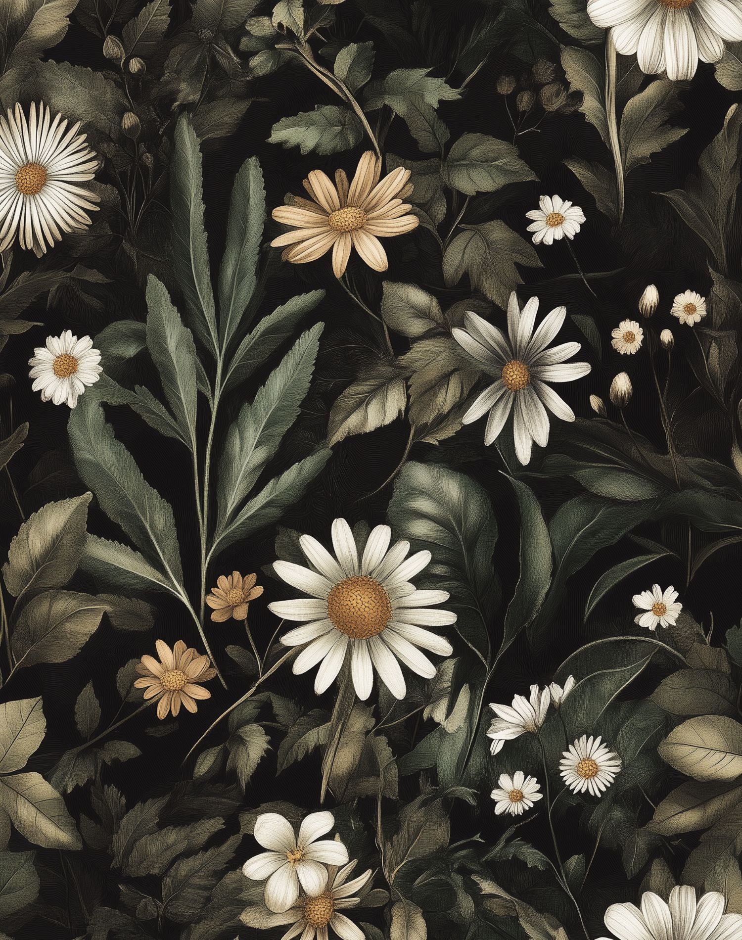 Elegant Dark Floral Daisies Wallpaper