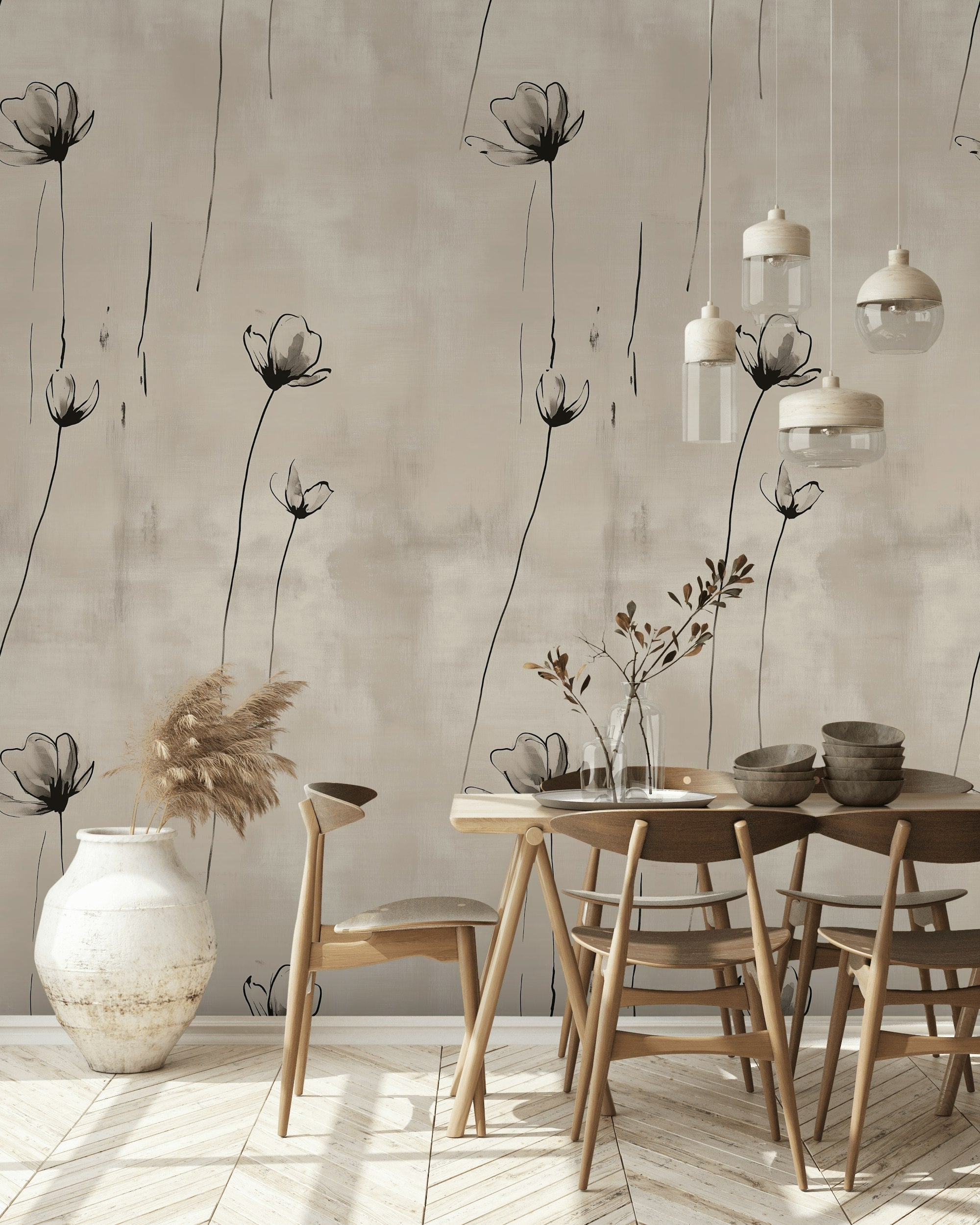 Beige and Black Minimalist Wildflower Wallpaper