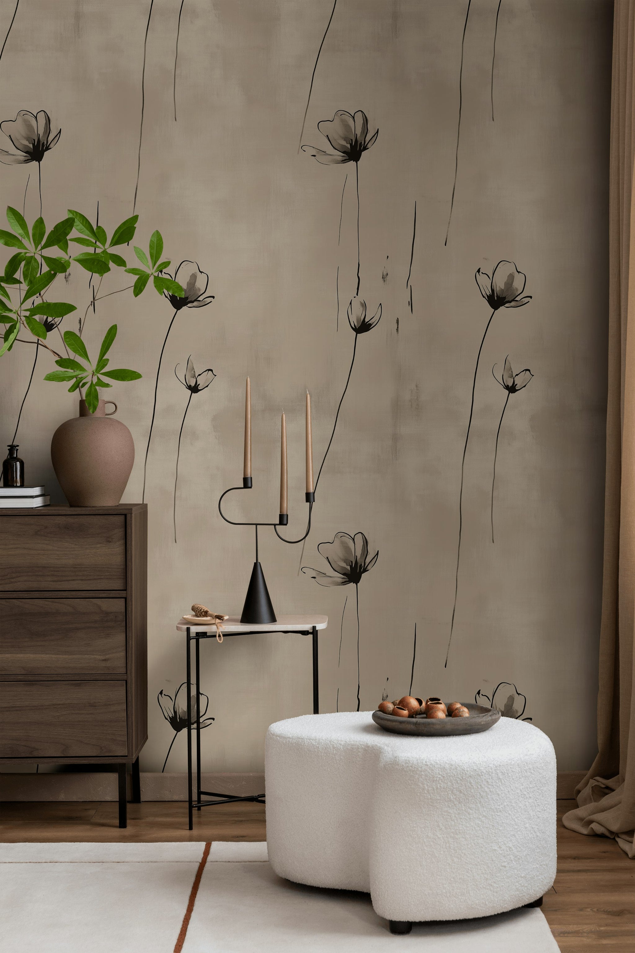 Beige and Black Minimalist Wildflower Wallpaper