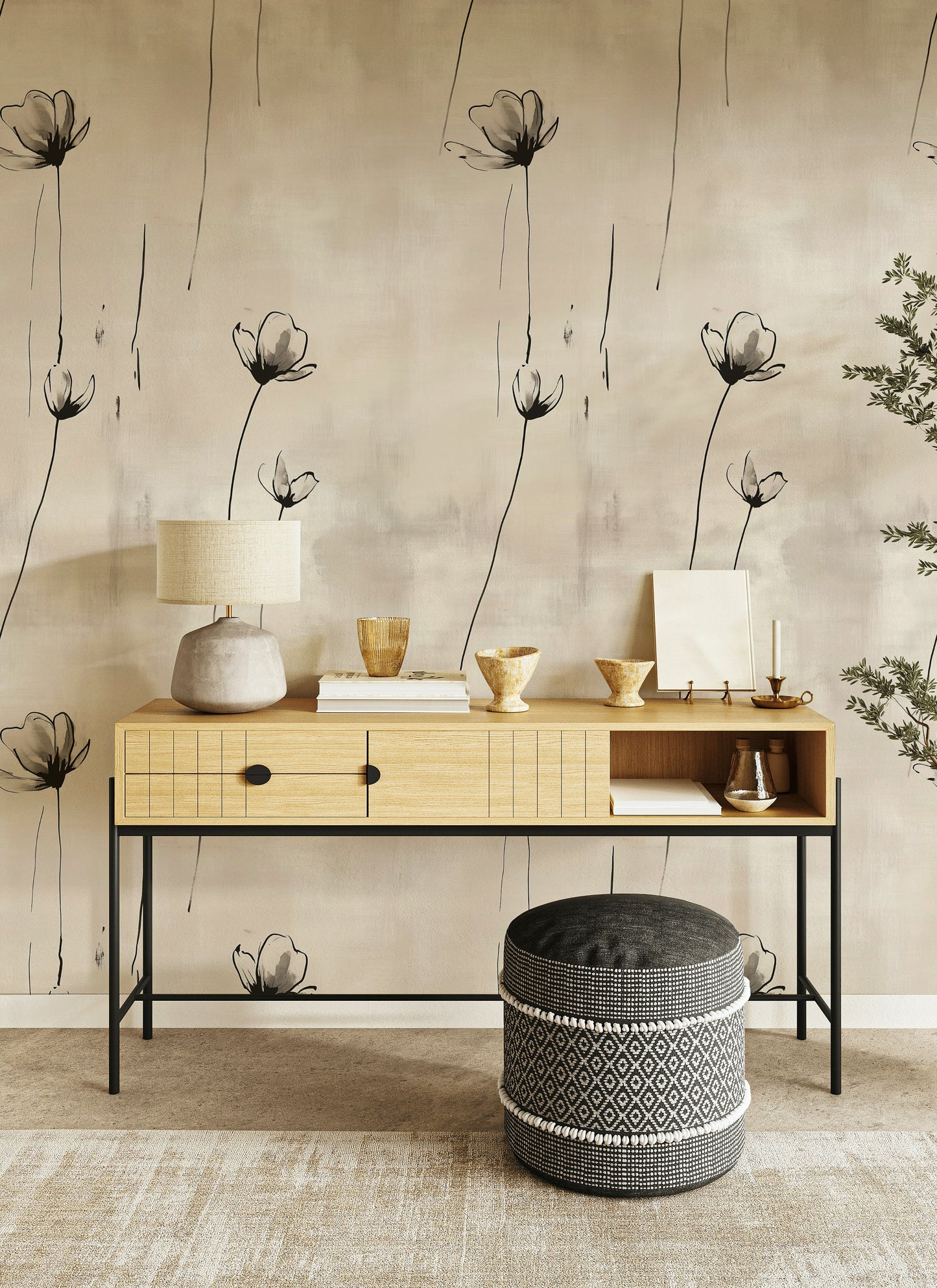 Elegant Monochrome Floral Wallpaper PWhite Flower Design
